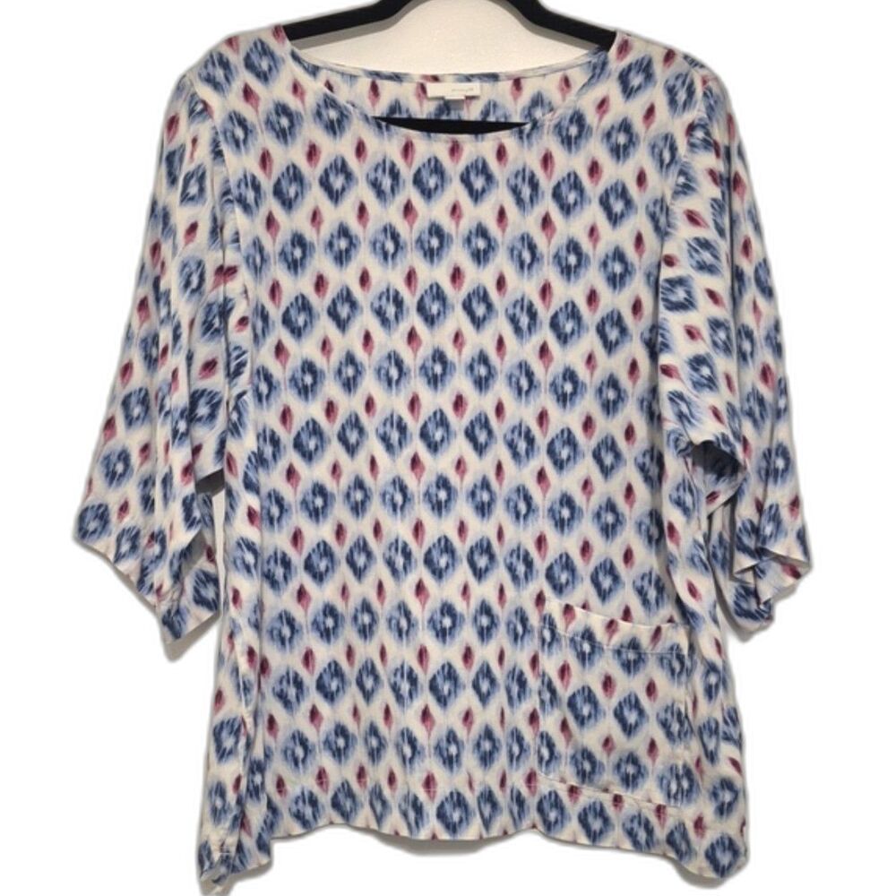 J.Jill Pure Jill Ikat Print Tencel Tunic Top Size M Blue Red Dolman Pocket